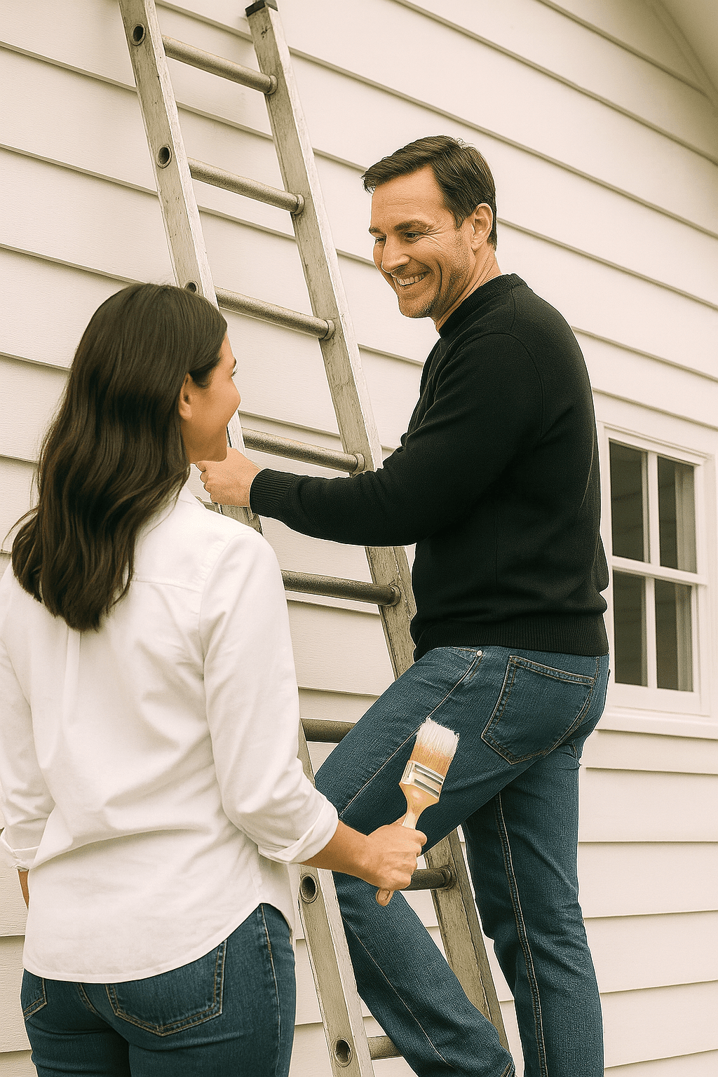Mann og kvinne som maler og leker med en hund.